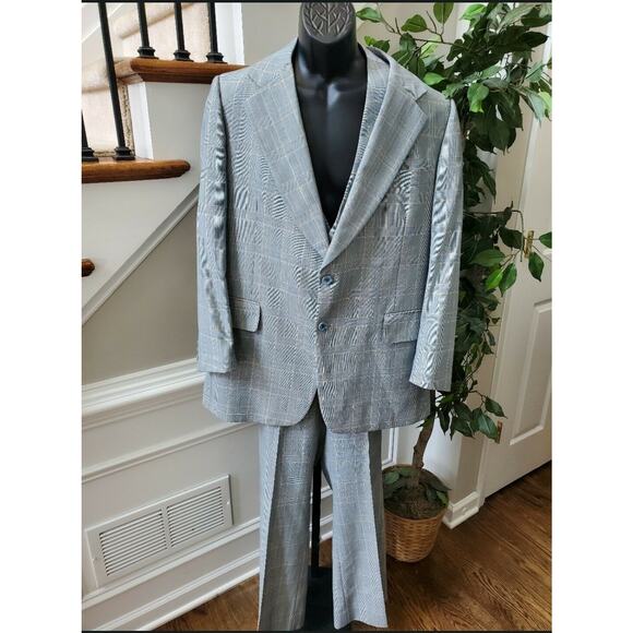 Vintage Country Squire Gray Check Formal Polyester & Viscose Three Piece Suits - Picture 1 of 12